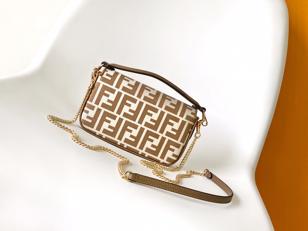 Fendi Mini Baguette FF Chenille Shoulder Bag Tan